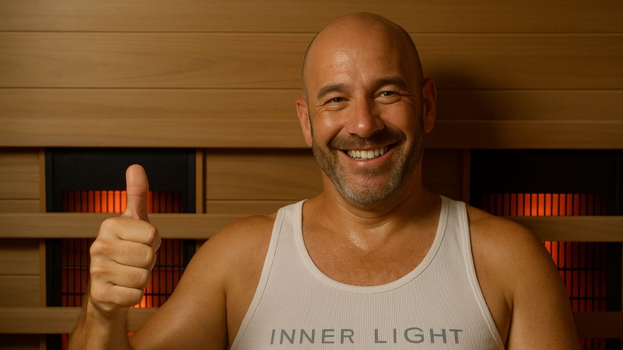 bald man inside an infrared sauna