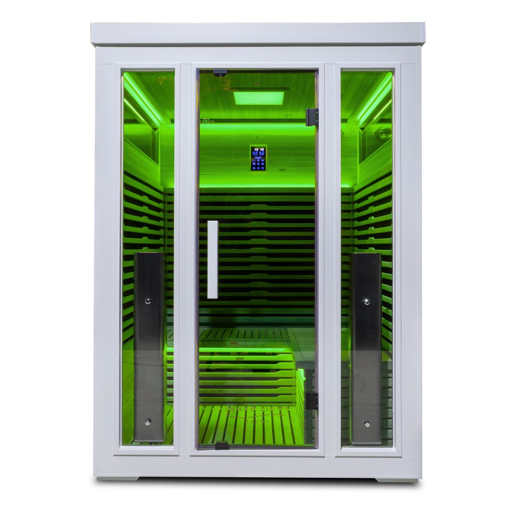 White outdoor sauna L shape seat