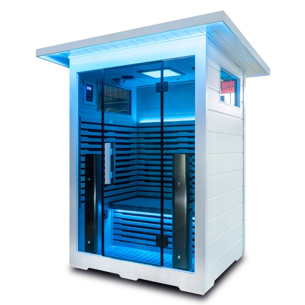 White 2 person outdoor sauna La Mar side angle