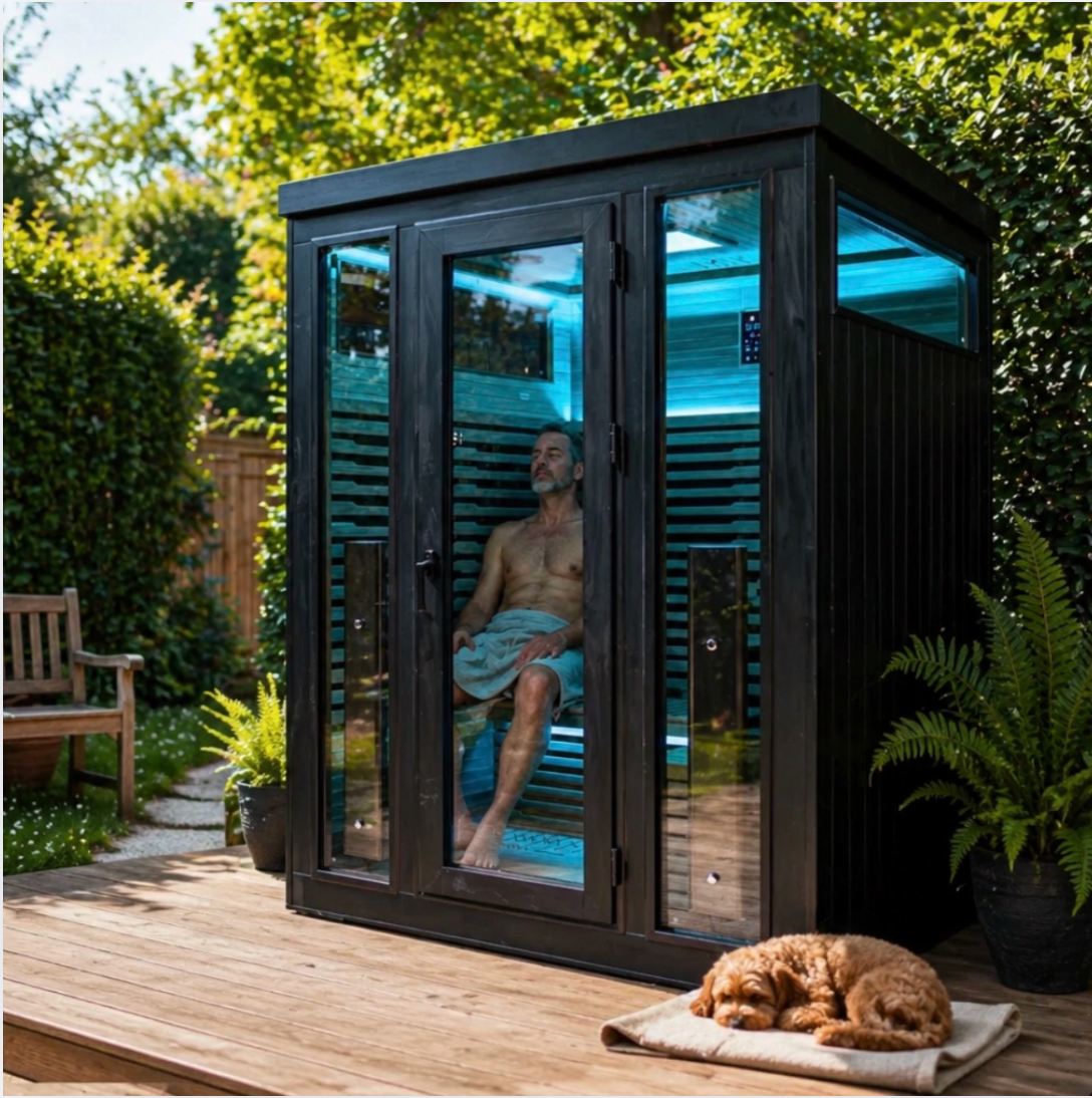 Man relaxing inside an Innerlight outdoor sauna with a dog resting on the deck