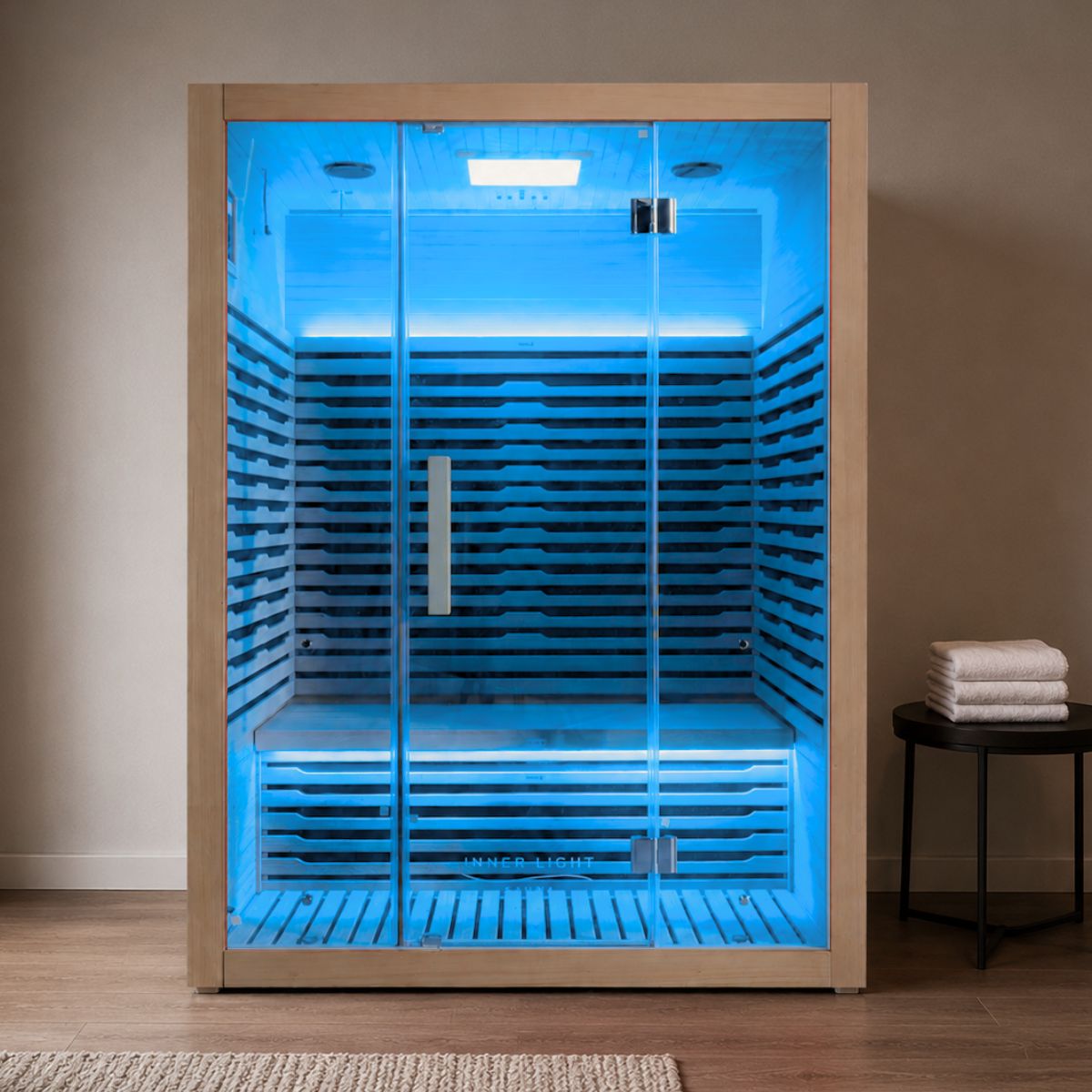Indoor infrared sauna at home with blue light 