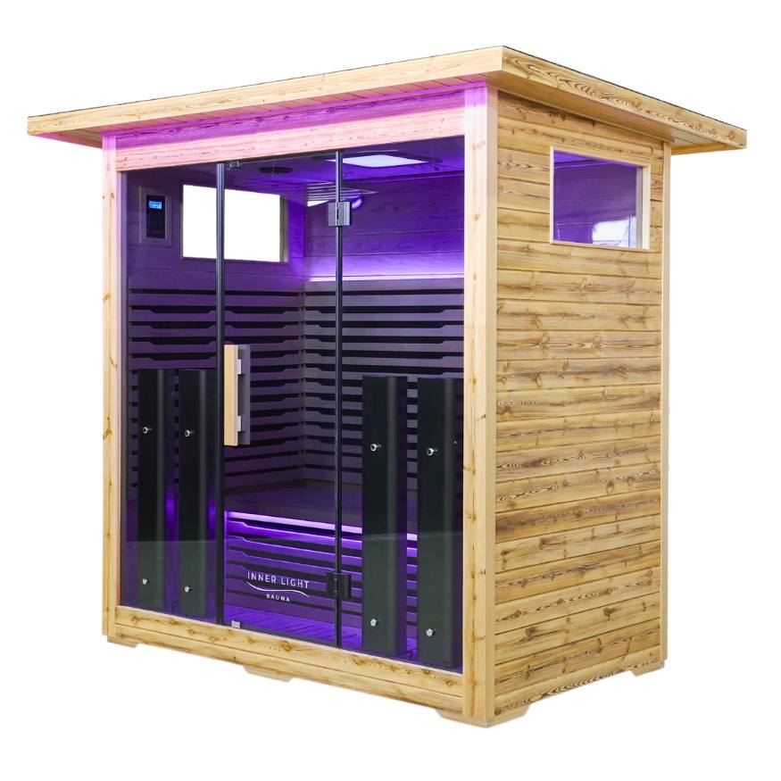 Outdoor Infrared Sauna Woodgrain Purple lights