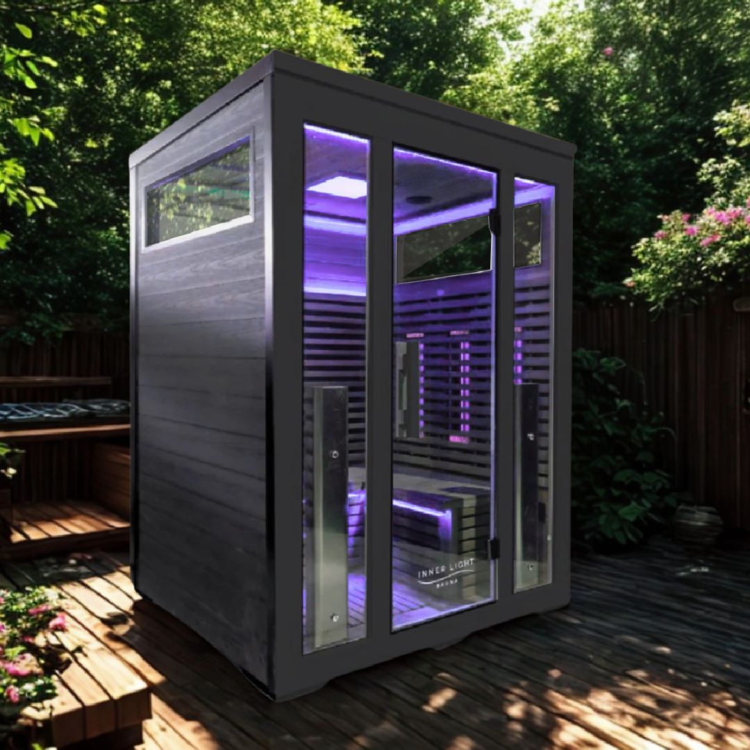 3 person bella infrared sauna on outdoor deck