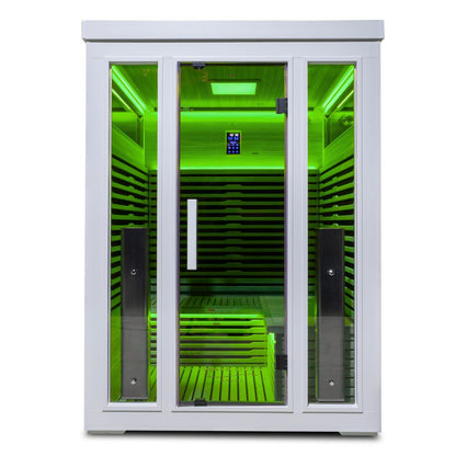 White outdoor sauna L shape seat