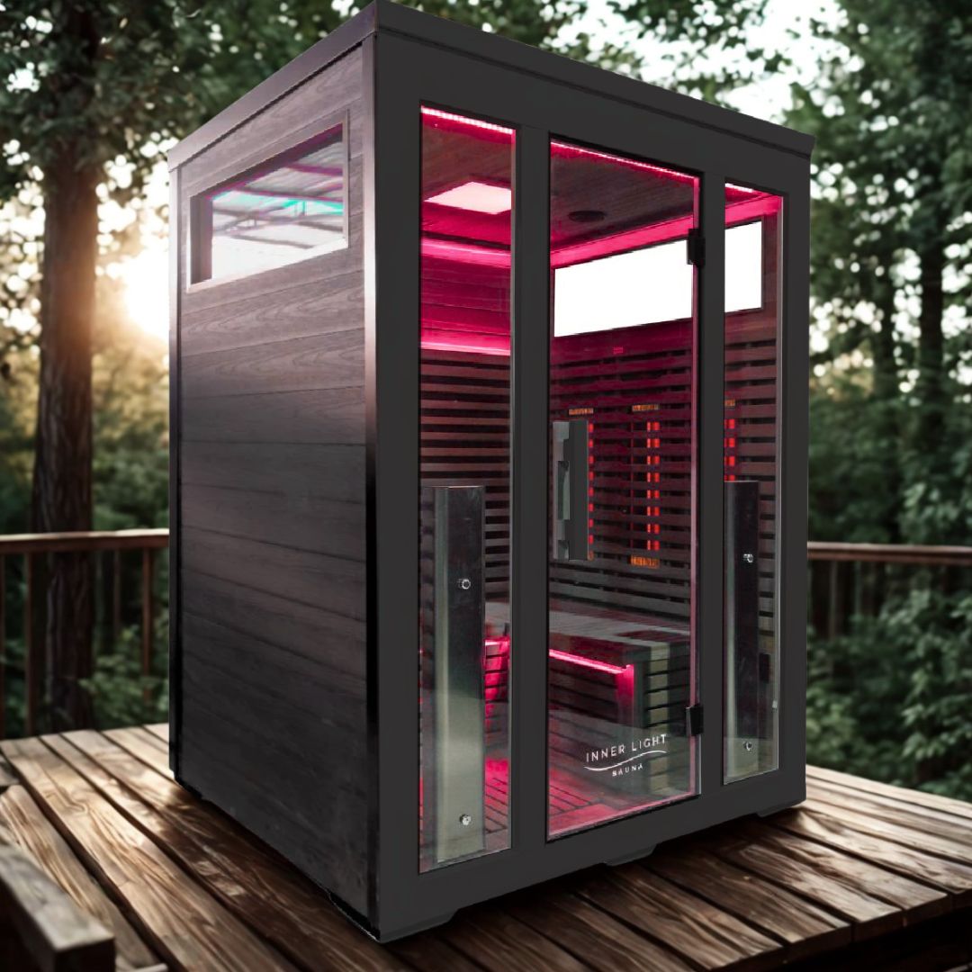 3 person bella infrared sauna on outdoor deck