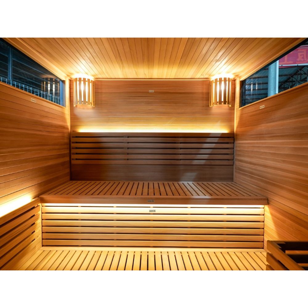 Western Red Cedar interior with two-tier bench