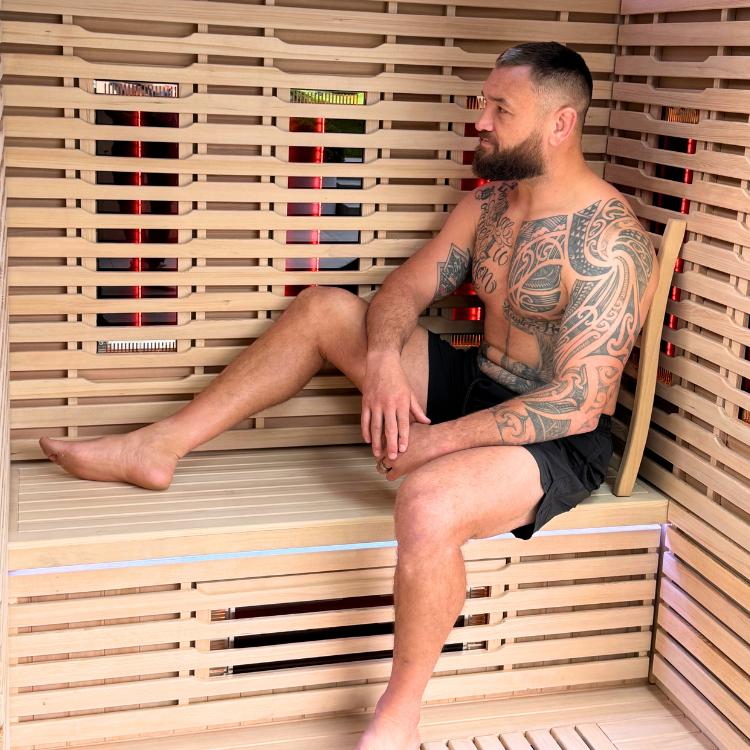 Jared Waerea-Hargreaves in his Innerlight Sauna