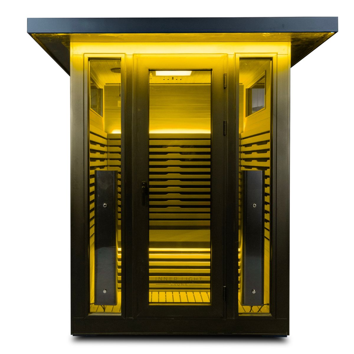 Lamar 2 Outdoor Sauna Front view yellow. 
