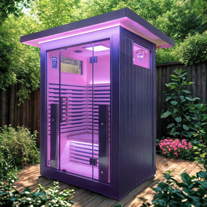 2 person Lar Mar Outdoor sauna lights on deck