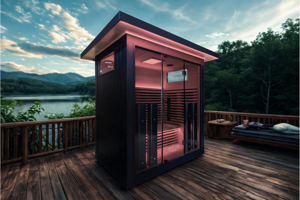 La Mar outdoor infrared sauna beside a lake
