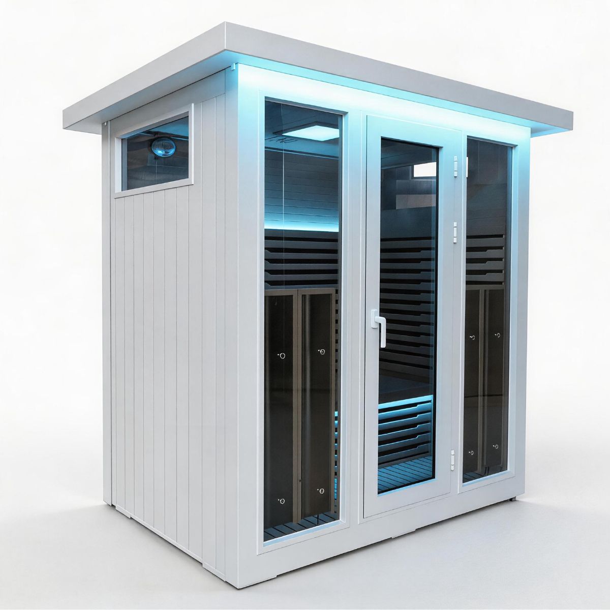 White outdoor infrared sauna corner view 