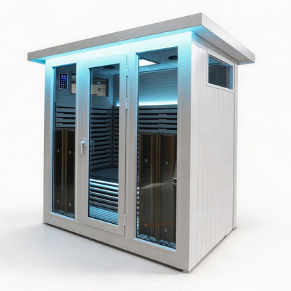 White outdoor infrared sauna, side view