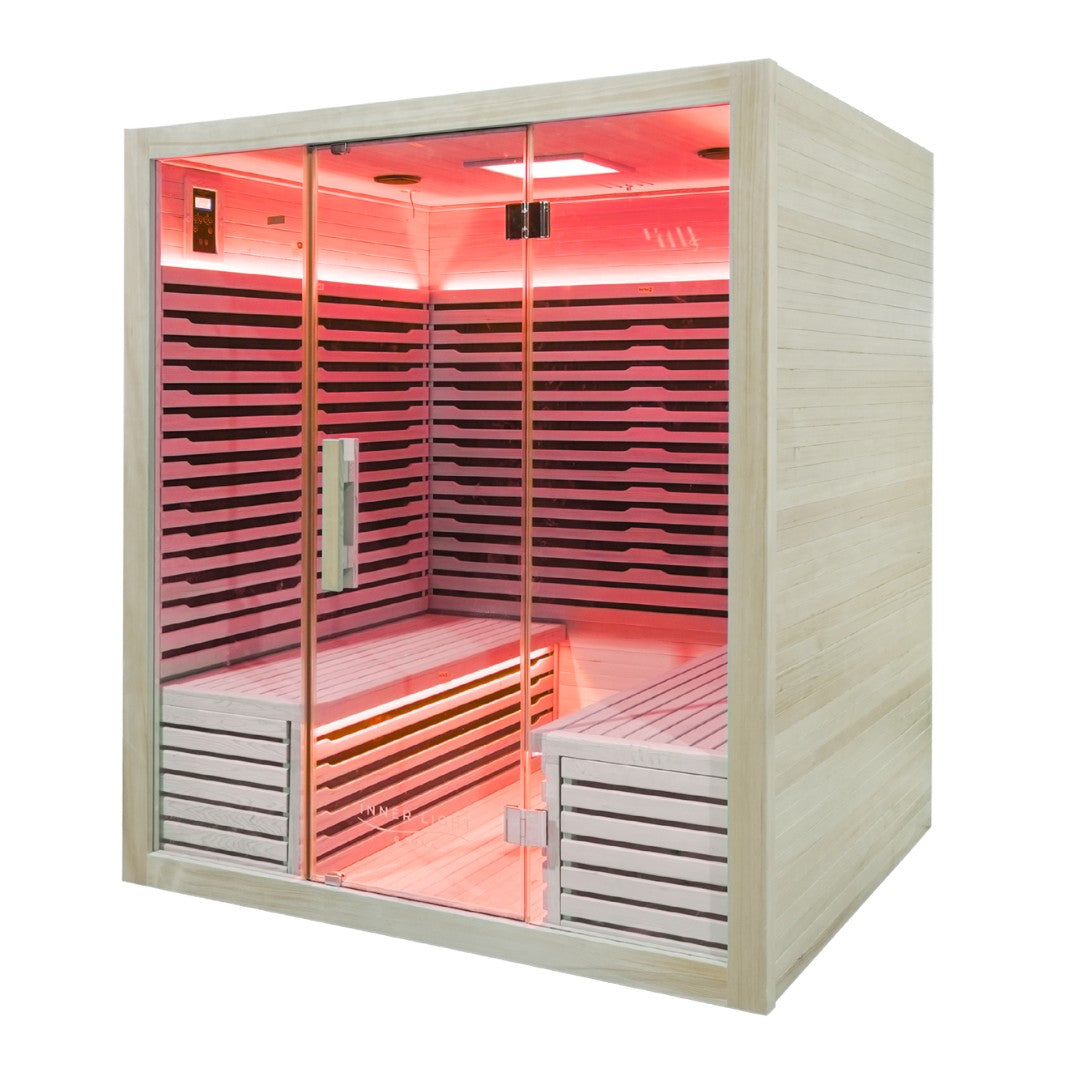 Infrared sauna with wooden interior and glass doors on a white background