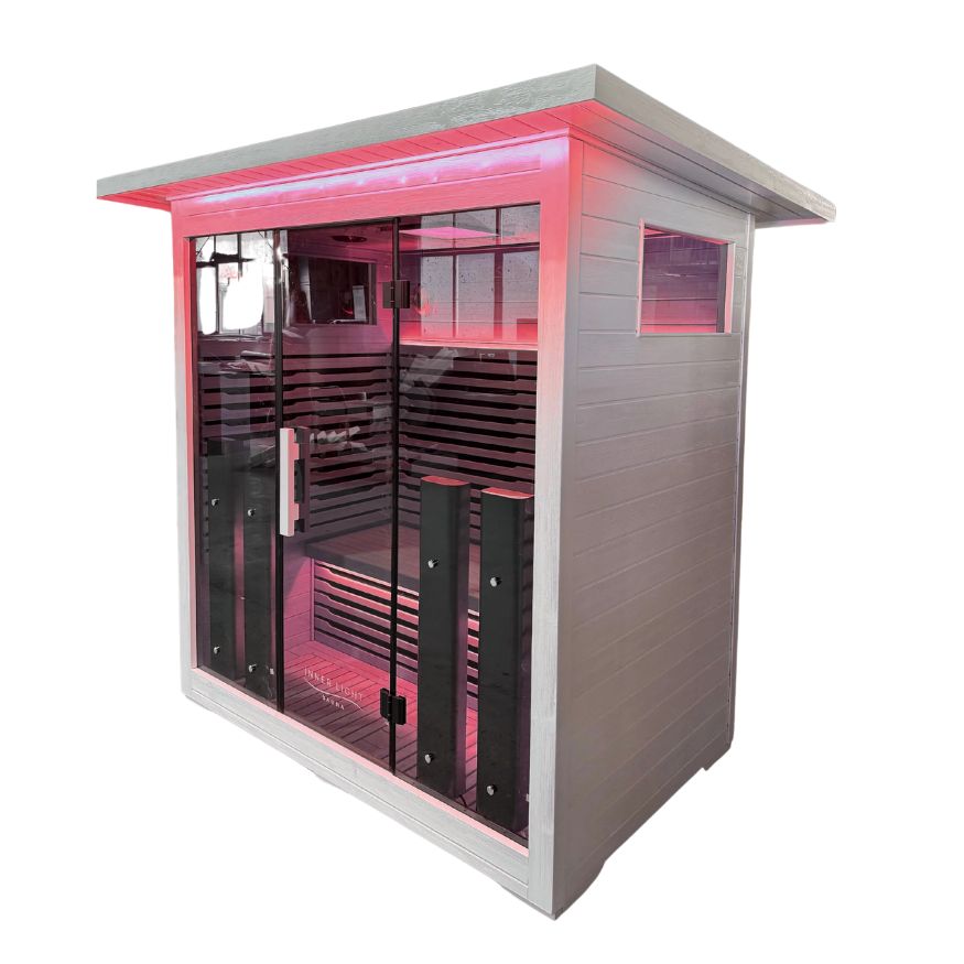 White Outdoor Sauna Red Lights  Angle View