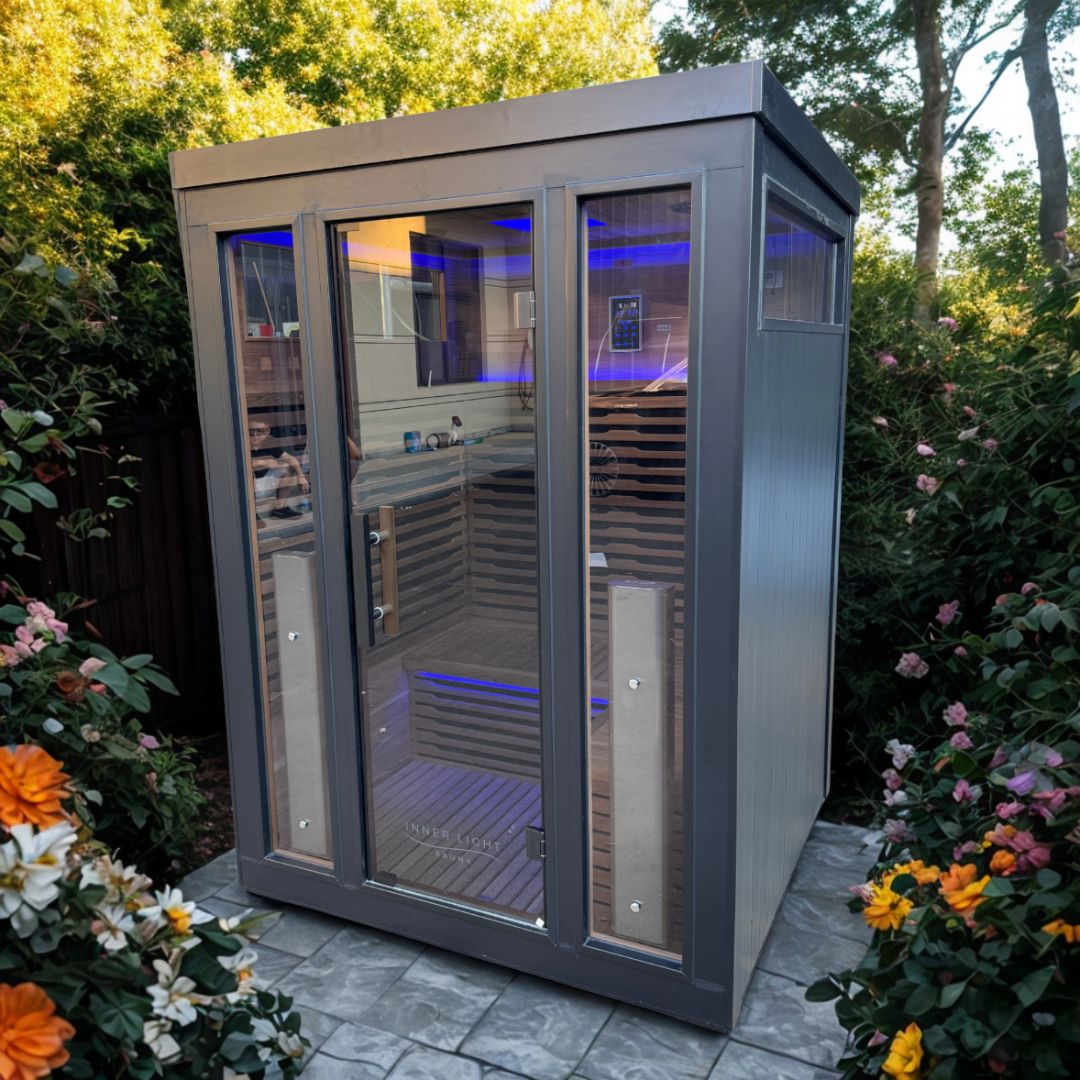 Bella Deluxe 3 outdoor sauna in a garden