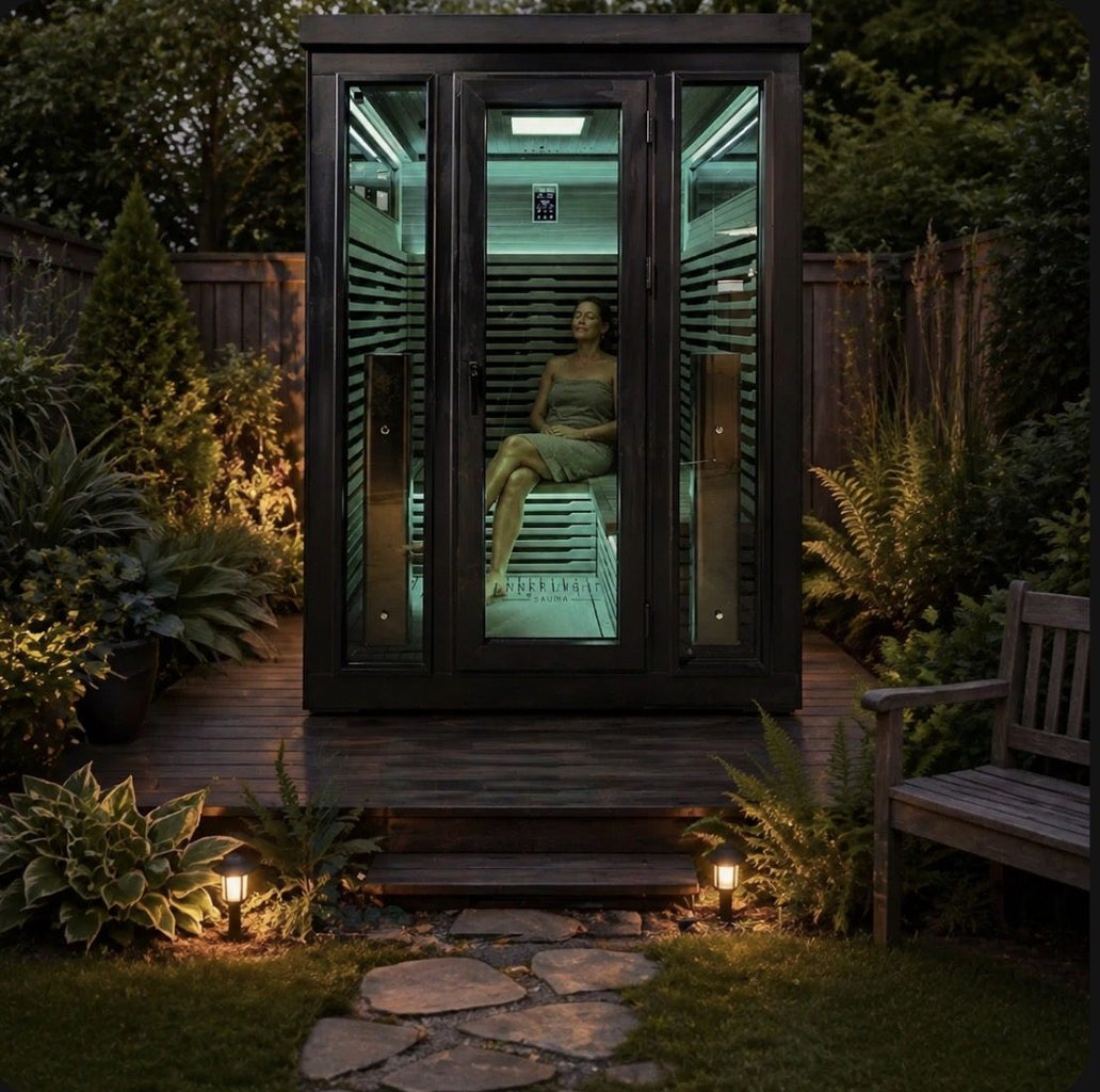 Bella Deluxe outdoor sauna installed on a deck in a leafy backyard
