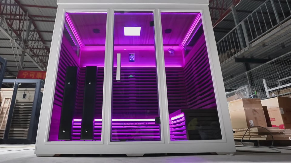 Load video: Innerlight Sauna Bella Deluxe White outdoor infrared sauna